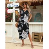 Zeagoo Womens Maxi Summer Dress with Pockets Casual Short Sleeve Sundress Trendy 2026 Curve Hem Long Dress(Black-leaf-printed)