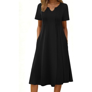 Zeagoo Summer Dresses for Women 2026 Casual Short Sleeve Aline Midi Dress with Pocket Flowy Pleated Tshirt Beach Sundress(Black)