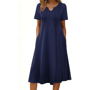 Zeagoo Summer Dresses for Women 2026 Casual Short Sleeve Aline Midi Dress with Pocket Flowy Pleated Tshirt Beach Sundress(Blue)