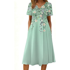 Zeagoo Summer Dresses for Women 2026 Casual Short Sleeve Aline Midi Dress with Pocket Flowy Pleated Tshirt Beach Sundress(Green Floral)