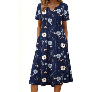 Zeagoo Summer Dresses for Women 2026 Casual Short Sleeve Aline Midi Dress with Pocket Flowy Pleated Tshirt Beach Sundress(Navy Blue Print)