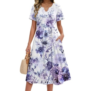 Zeagoo Summer Dresses for Women 2026 Casual Short Sleeve Aline Midi Dress with Pocket Flowy Pleated Tshirt Beach Sundress(Purple)