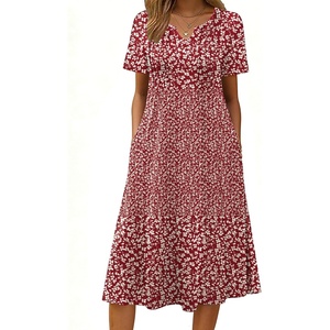 Zeagoo Summer Dresses for Women 2026 Casual Short Sleeve Aline Midi Dress with Pocket Flowy Pleated Tshirt Beach Sundress(Red Floral)