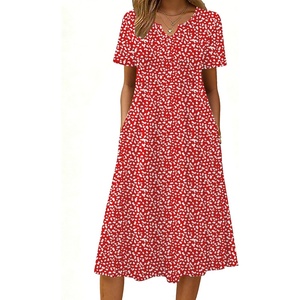 Zeagoo Summer Dresses for Women 2026 Casual Short Sleeve Aline Midi Dress with Pocket Flowy Pleated Tshirt Beach Sundress(Red Round Dot Print)