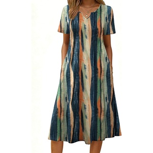 Zeagoo Summer Dresses for Women 2026 Casual Short Sleeve Aline Midi Dress with Pocket Flowy Pleated Tshirt Beach Sundress(Stripe)
