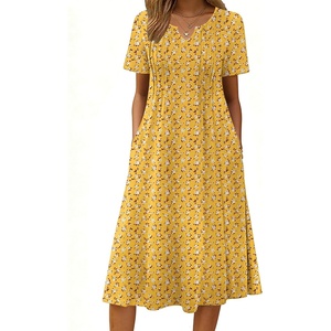 Zeagoo Summer Dresses for Women 2026 Casual Short Sleeve Aline Midi Dress with Pocket Flowy Pleated Tshirt Beach Sundress(Yellow Floral)