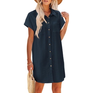 Zeagoo Summer Dresses for Women 2026 Cotton Button Down Short Sleeve Tshirt Dresses Casual Mini Beach Dress(01-navy Blue)