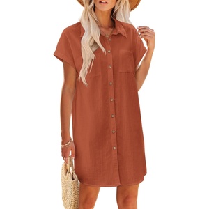 Zeagoo Summer Dresses for Women 2026 Cotton Button Down Short Sleeve Tshirt Dresses Casual Mini Beach Dress(Brick Red)