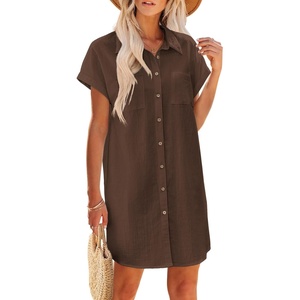 Zeagoo Summer Dresses for Women 2026 Cotton Button Down Short Sleeve Tshirt Dresses Casual Mini Beach Dress(Brown)