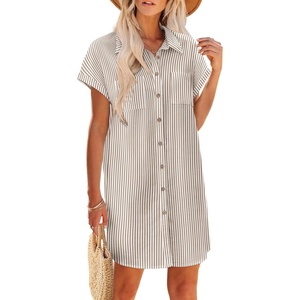 Zeagoo Summer Dresses for Women 2026 Cotton Button Down Short Sleeve Tshirt Dresses Casual Mini Beach Dress(Brown+white Stripe)