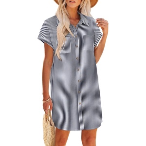 Zeagoo Summer Dresses for Women 2026 Cotton Button Down Short Sleeve Tshirt Dresses Casual Mini Beach Dress(Dark Blue+white Stripe)