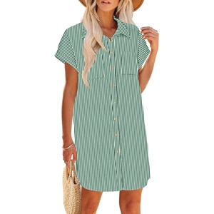 Zeagoo Summer Dresses for Women 2026 Cotton Button Down Short Sleeve Tshirt Dresses Casual Mini Beach Dress(Green Stripes)