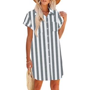 Zeagoo Summer Dresses for Women 2026 Cotton Button Down Short Sleeve Tshirt Dresses Casual Mini Beach Dress(Khaki White Stripes)