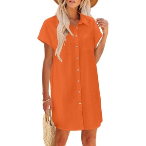 Zeagoo Summer Dresses for Women 2026 Cotton Button Down Short Sleeve Tshirt Dresses Casual Mini Beach Dress(Orange)