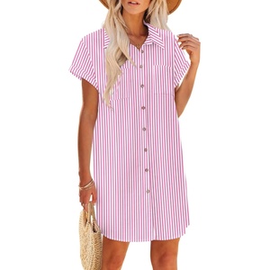 Zeagoo Summer Dresses for Women 2026 Cotton Button Down Short Sleeve Tshirt Dresses Casual Mini Beach Dress(Pink Stripes)
