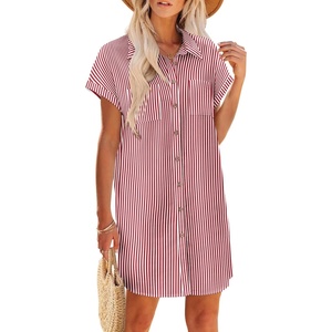 Zeagoo Summer Dresses for Women 2026 Cotton Button Down Short Sleeve Tshirt Dresses Casual Mini Beach Dress(Red+white Stripe)