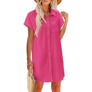 Zeagoo Summer Dresses for Women 2026 Cotton Button Down Short Sleeve Tshirt Dresses Casual Mini Beach Dress(Rose Red)