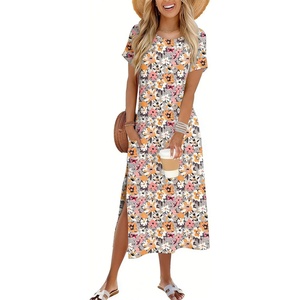 Zeagoo Summer Dresses for Women 2026 Maxi Dresses Vacation Sundress Short Sleeve Casual Sundresses Split Dress with Pockets(01 Colorful)