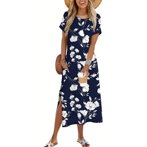 Zeagoo Summer Dresses for Women 2026 Maxi Dresses Vacation Sundress Short Sleeve Casual Sundresses Split Dress with Pockets(03 Navy)
