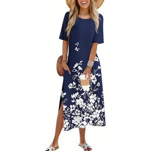 Zeagoo Summer Dresses for Women 2026 Maxi Dresses Vacation Sundress Short Sleeve Casual Sundresses Split Dress with Pockets(A02-navy)