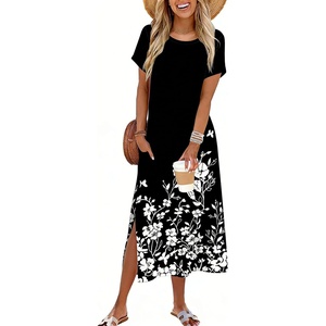 Zeagoo Summer Dresses for Women 2026 Maxi Dresses Vacation Sundress Short Sleeve Casual Sundresses Split Dress with Pockets(Black Floral)