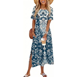 Zeagoo Summer Dresses for Women 2026 Maxi Dresses Vacation Sundress Short Sleeve Casual Sundresses Split Dress with Pockets(Blue Mz924)