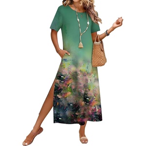 Zeagoo Summer Dresses for Women 2026 Maxi Dresses Vacation Sundress Short Sleeve Casual Sundresses Split Dress with Pockets(Green Cx322)