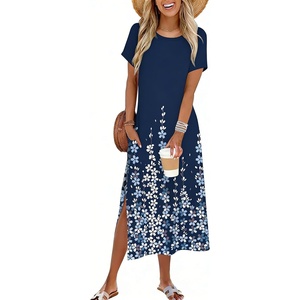Zeagoo Summer Dresses for Women 2026 Maxi Dresses Vacation Sundress Short Sleeve Casual Sundresses Split Dress with Pockets(Navy Sf119)