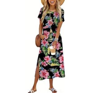 Zeagoo Summer Dresses for Women 2026 Maxi Dresses Vacation Sundress Short Sleeve Casual Sundresses Split Dress with Pockets(Pink Floral)