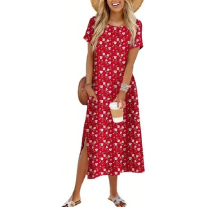 Zeagoo Summer Dresses for Women 2026 Maxi Dresses Vacation Sundress Short Sleeve Casual Sundresses Split Dress with Pockets(Red)