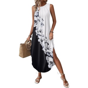 Zeagoo Women Floral Summer Casual Beach Printed Tank Dress with Pockets Pleated Front Long Dress(Black/White Print)
