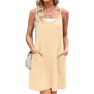 Zeagoo Women Summer Dresses Casual Beach Vacation Dress Spaghetti Strap Sundress Sleeveless Mini Short Dress with Pockets(Beige)