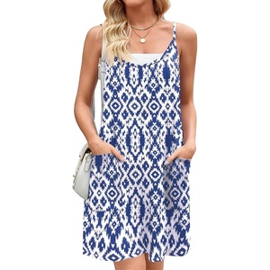 Zeagoo Women Summer Dresses Casual Beach Vacation Dress Spaghetti Strap Sundress Sleeveless Mini Short Dress with Pockets(Blue White Printed)