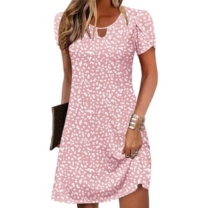 Zeagoo Women’s Casual A-Line Dresses with Pockets Summer Floral Tshirt Dress Short Sleeve Mini Dress Flowy Sundresses(Pink Dot)