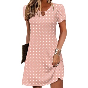 Zeagoo Women’s Casual A-Line Dresses with Pockets Summer Floral Tshirt Dress Short Sleeve Mini Dress Flowy Sundresses(Pink Round Dot)