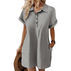 Zeagoo Womens Cotton Shirt Dress Summer Casual Short Sleeve Button Down Beach Cover Up Shirts with Pockets(01-black White Stripe)