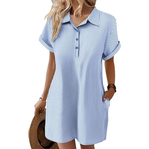 Zeagoo Womens Cotton Shirt Dress Summer Casual Short Sleeve Button Down Beach Cover Up Shirts with Pockets(A01-blue White Stripe)