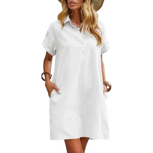 Zeagoo Womens Cotton Shirt Dress Summer Casual Short Sleeve Button Down Beach Cover Up Shirts with Pockets(A-white)