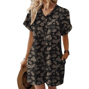 Zeagoo Womens Cotton Shirt Dress Summer Casual Short Sleeve Button Down Beach Cover Up Shirts with Pockets(Black Floral)