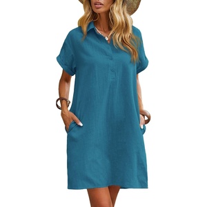 Zeagoo Womens Cotton Shirt Dress Summer Casual Short Sleeve Button Down Beach Cover Up Shirts with Pockets(Blue Green)