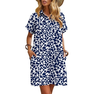 Zeagoo Womens Cotton Shirt Dress Summer Casual Short Sleeve Button Down Beach Cover Up Shirts with Pockets(Blue Leaves)