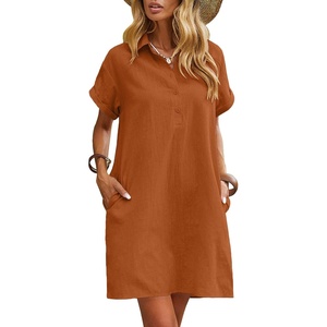 Zeagoo Womens Cotton Shirt Dress Summer Casual Short Sleeve Button Down Beach Cover Up Shirts with Pockets(Brown)
