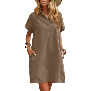 Zeagoo Womens Cotton Shirt Dress Summer Casual Short Sleeve Button Down Beach Cover Up Shirts with Pockets(Dark Brown)