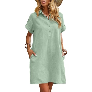 Zeagoo Womens Cotton Shirt Dress Summer Casual Short Sleeve Button Down Beach Cover Up Shirts with Pockets(Light Green)