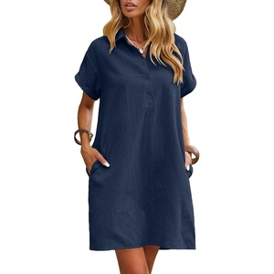 Zeagoo Womens Cotton Shirt Dress Summer Casual Short Sleeve Button Down Beach Cover Up Shirts with Pockets(Navy Blue)