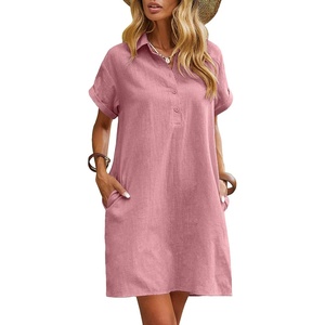 Zeagoo Womens Cotton Shirt Dress Summer Casual Short Sleeve Button Down Beach Cover Up Shirts with Pockets(Pink)
