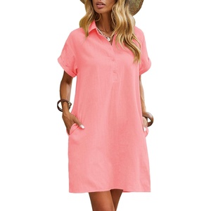 Zeagoo Womens Cotton Shirt Dress Summer Casual Short Sleeve Button Down Beach Cover Up Shirts with Pockets(Pink Orange)