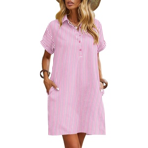 Zeagoo Womens Cotton Shirt Dress Summer Casual Short Sleeve Button Down Beach Cover Up Shirts with Pockets(Pink White Stripe)