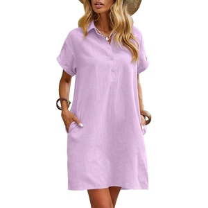 Zeagoo Womens Cotton Shirt Dress Summer Casual Short Sleeve Button Down Beach Cover Up Shirts with Pockets(Purple)
