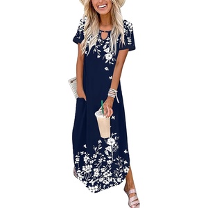 Zeagoo Womens Maxi Summer Dress with Pockets Casual Short Sleeve Sundress Trendy 2026 Curve Hem Long Dress(2602 Navy Floral)